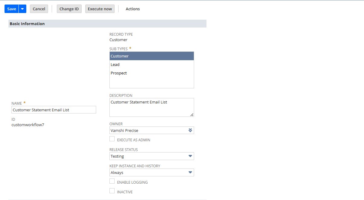 NetSuite workflow basic information — Customer record type, Customer subtype selected, Testing release status, Keep Instance Always